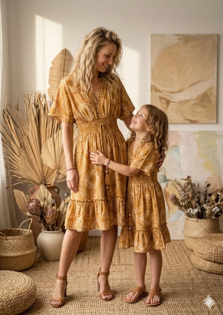 Mom & Me Yellow Circular Abstract Printed Cotton Kaftan A-Line Dress