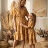 Mom & Me Yellow Circular Abstract Printed Cotton Kaftan A-Line Dress