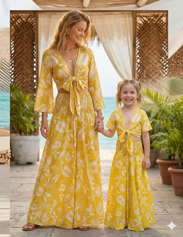 Mom & Me Yellow Leaf Printed Chanderi Tie-Front Crop Top & Flared Palazzo Pant Co-ord Set