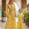 Mom & Me Yellow Leaf Printed Chanderi Tie-Front Crop Top & Flared Palazzo Pant Co-ord Set