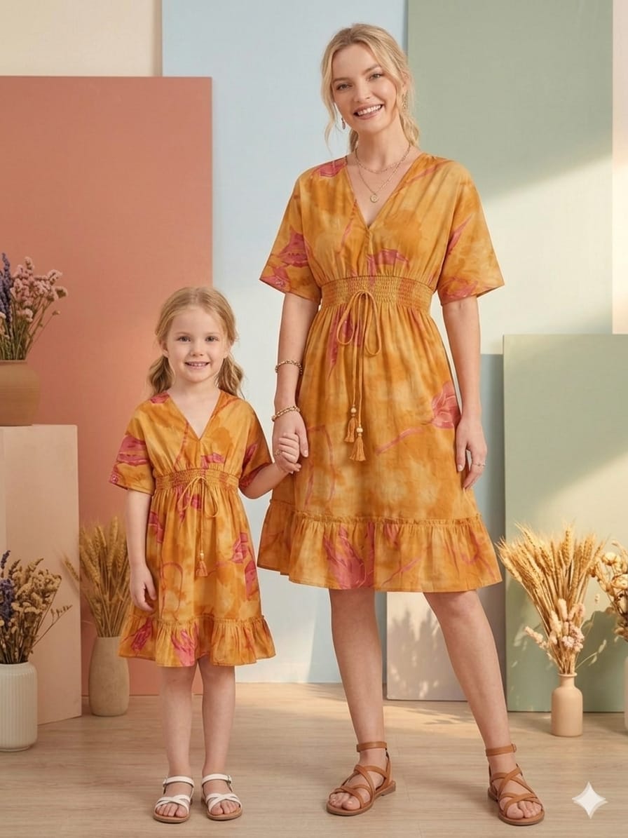 Mom & Me Yellow Marbel Printed Cotton Kaftan A-Line Dress