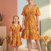 Mom & Me Yellow Marbel Printed Cotton Kaftan A-Line Dress