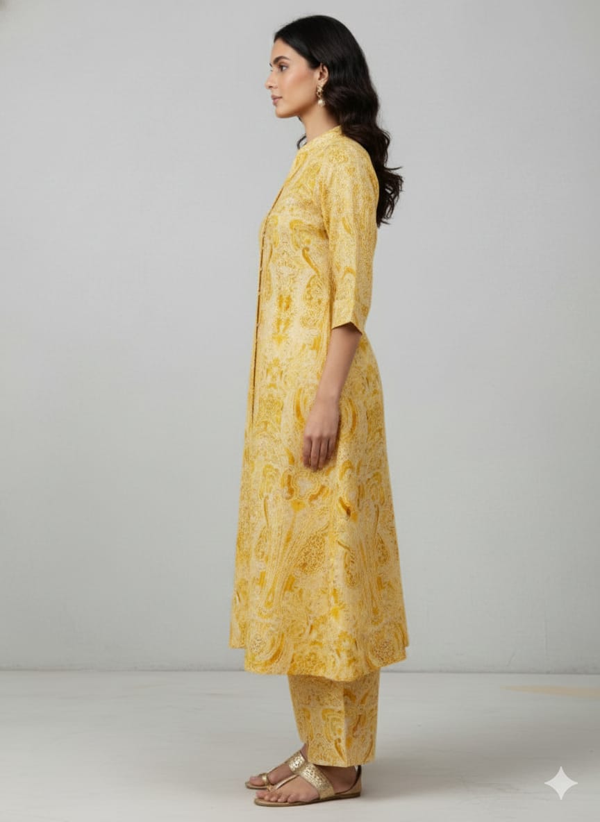 Women’s Yellow Paisley Printed Rayon Kurta Set with Straight Pants
