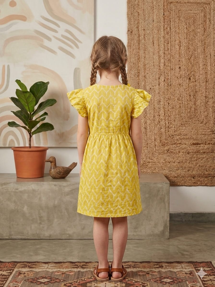 Mom & Me Yellow ZigZag Printed Chanderi Umbrella Style A-Line Dress with Drawstring Waist