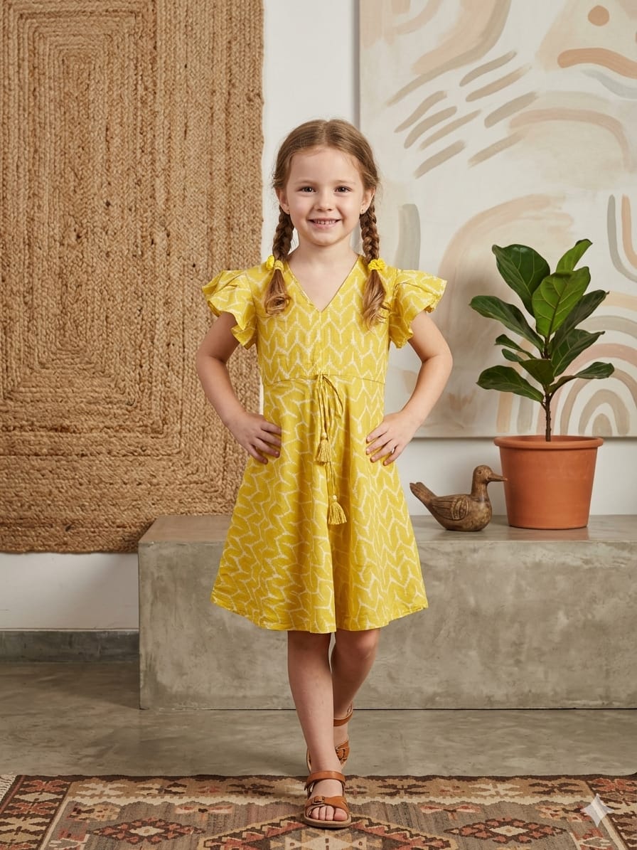 Mom & Me Yellow ZigZag Printed Chanderi Umbrella Style A-Line Dress with Drawstring Waist