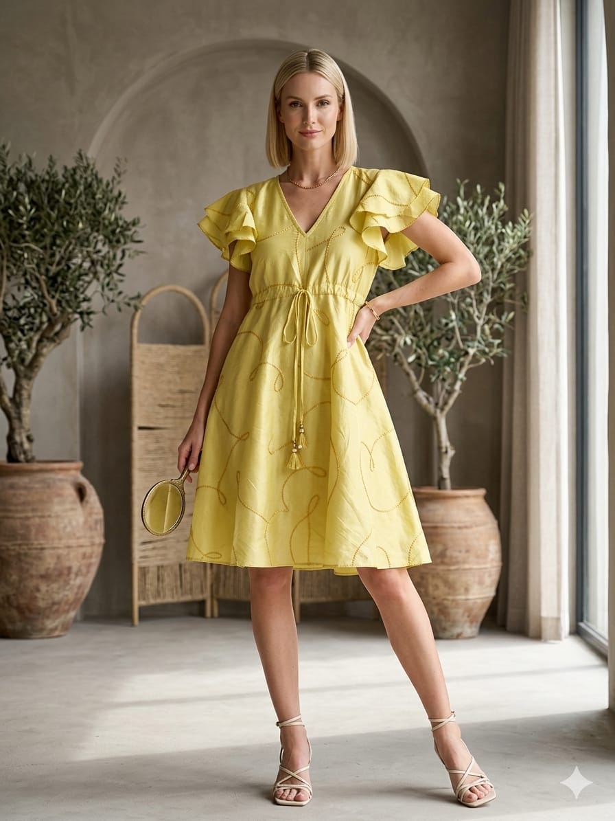 Women’s Yellow Rayon Umbrella Style A-Line Dress with Drawstring Waist