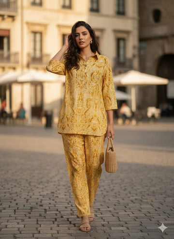 Women’s Yellow Paisley Printed Rayon Shirt & Pant Co-Ord Set