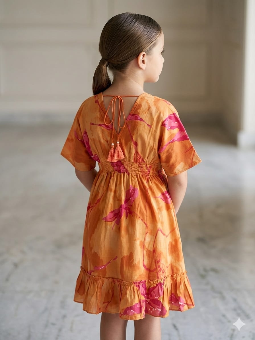 Baby Girls Yellow Marbel Printed Cotton Kaftan A-Line Dress