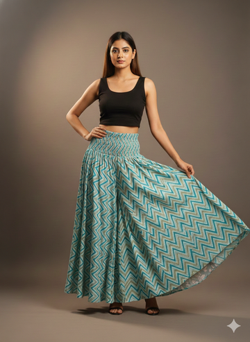 Women's Teal Zigzag Print High-Waist Smocked Palazzo Pants