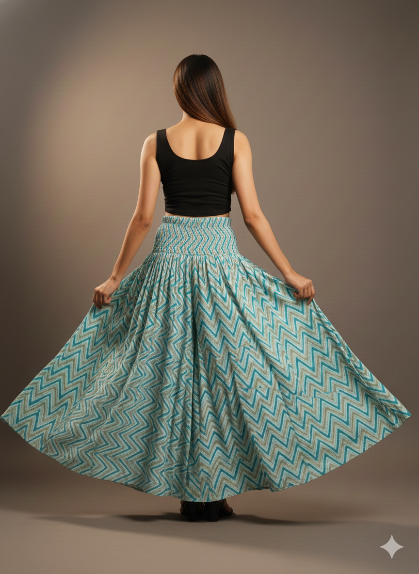Women's Teal Zigzag Print High-Waist Smocked Palazzo Pants