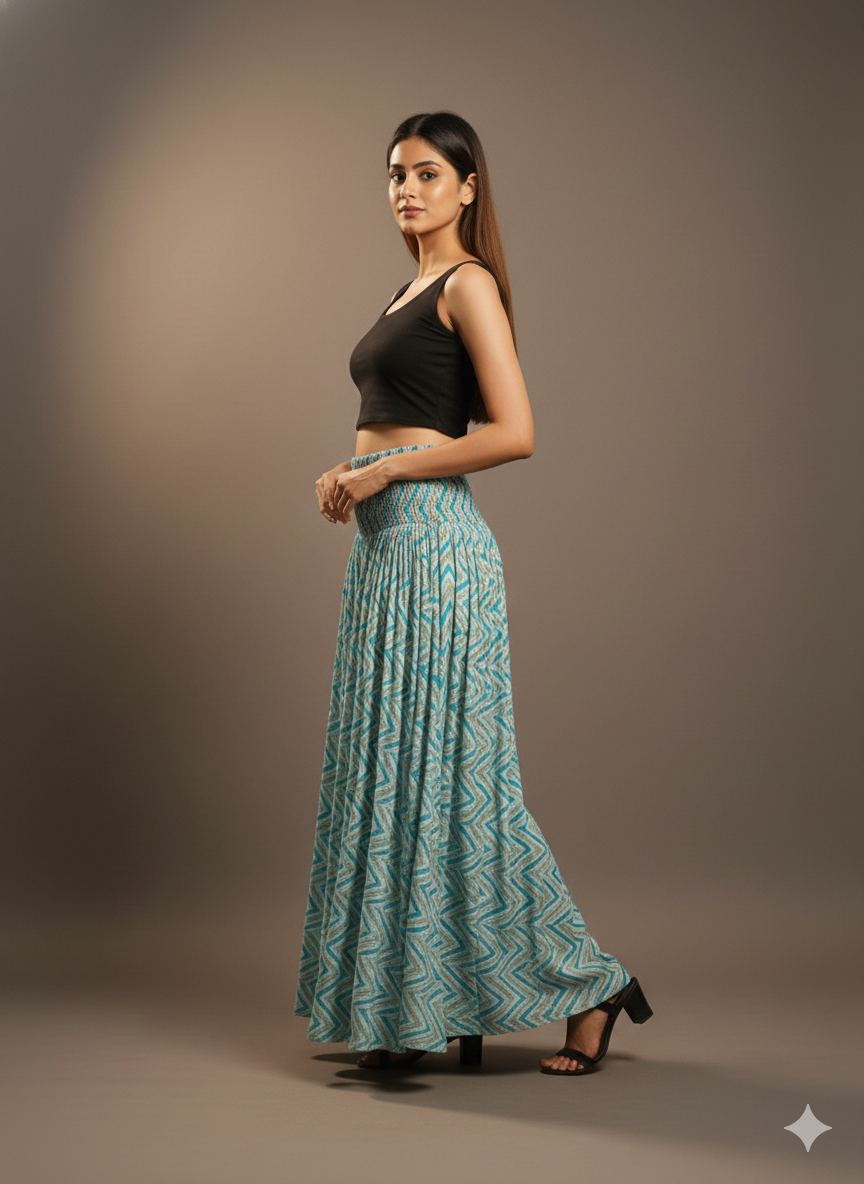 Women's Teal Zigzag Print High-Waist Smocked Palazzo Pants