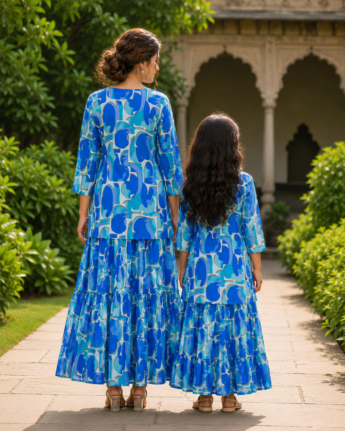 Mom & Daughter Blue Abstract Printed Kurta & Tiered Skirt Matching Co-ord Set