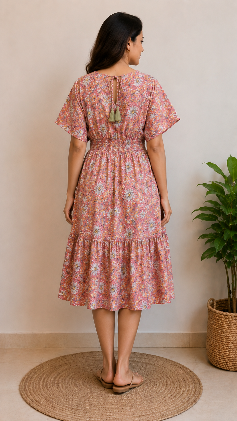 Women Pink Floral Printed Smocked Waist Flared Midi Dress