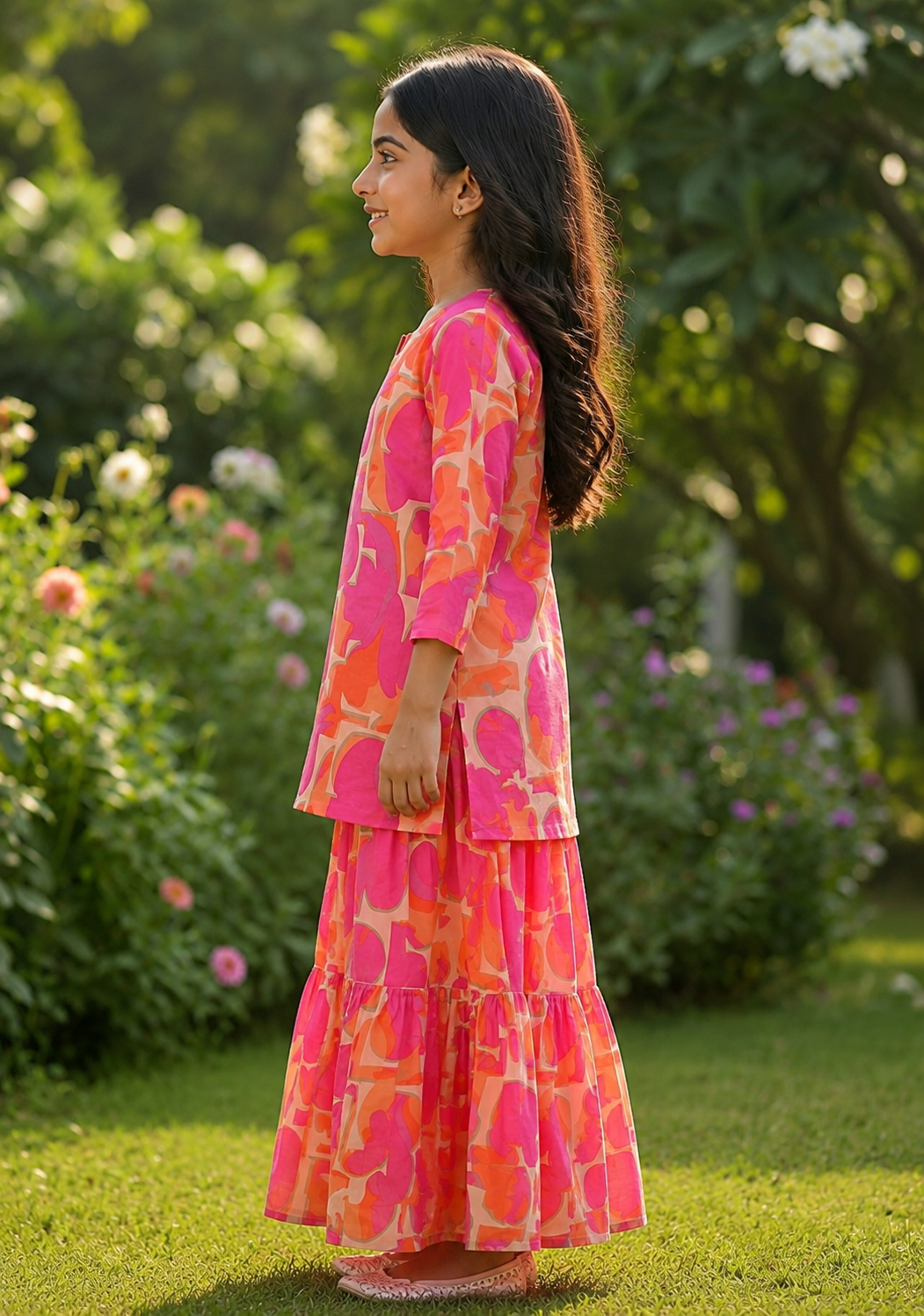Girl's Pink & Orange Abstract Printed Kurta with Matching Tiered Flared Skirt Co-ord Set