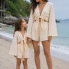 Mom & Daughter Ivory Abstract Printed Cotton Beach Wear Set with Bell Sleeve Tie-Up Top & Tassel Shorts