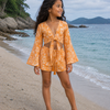 Girl’s Orange Geometric Printed Cotton Beach Wear Set with Bell Sleeve Tie-Up Top & Tassel Shorts