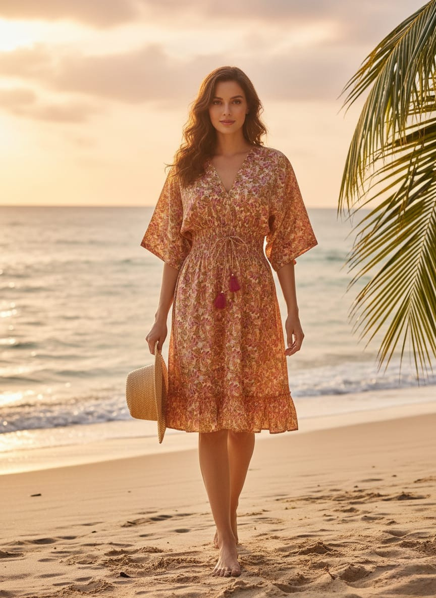 Peach Floral 100%Cotton Midi Dresses with Smocked Waist & Tassel Tie | Dresses | Western Wear