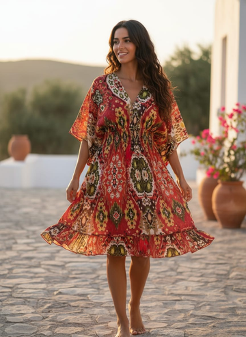 Bohemian Red & Olive Ikat Print Smocked 100% Cotton Midi Dresses for Women | Dresses | Western Wear