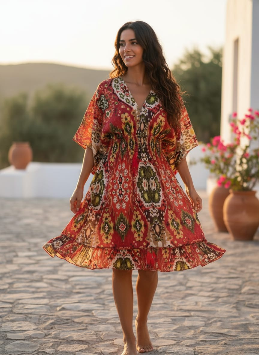 Bohemian Red & Olive Ikat Print Smocked 100% Cotton Midi Dresses for Women | Dresses | Western Wear