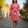 Pink & Orange Abstract Print Rayon Smocked Waist Midi Dresses | Dresses | Western Wear