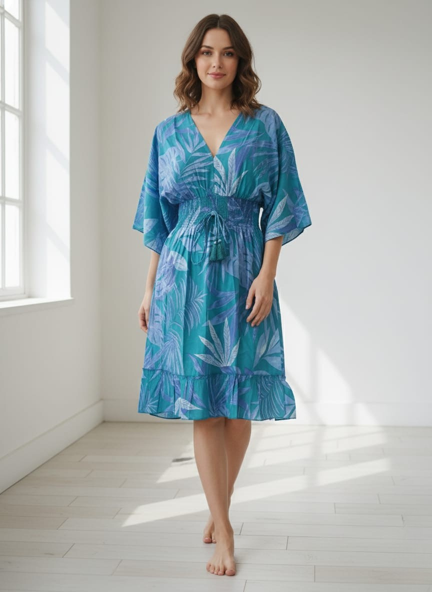 100% Cotton Teal Tropical Print Smocked Drawstring Midi Dresses with V-Neck | Dresses | Western Wear