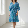 100% Cotton Teal Tropical Print Smocked Drawstring Midi Dresses with V-Neck | Dresses | Western Wear