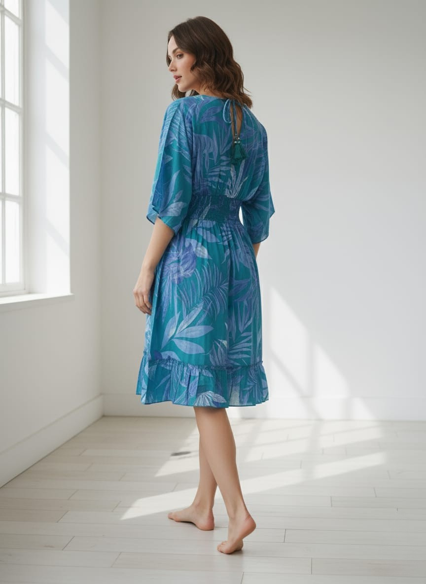100% Cotton Teal Tropical Print Smocked Drawstring Midi Dresses with V-Neck | Dresses | Western Wear