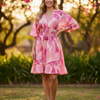 Pink Floral Printed 100%Cotton V-Neck Smocked Waist Midi Dresses | Dresses | Western Wear