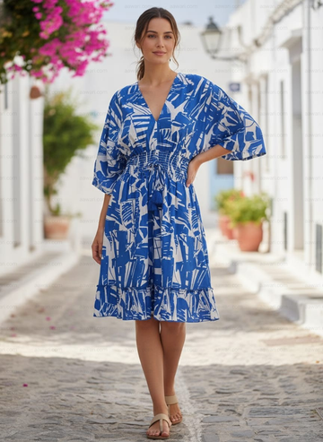 Blue & White Abstract Print 100%Cotton Midi Dresses - V-Neck Smocked Waist Summer Outfit | Dresses | Western Wear