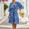 Blue & White Abstract Print 100%Cotton Midi Dresses - V-Neck Smocked Waist Summer Outfit | Dresses | Western Wear