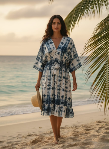 Blue & White Tie-Dye 100%Rayon Midi Dresses with Smocked Waist | Dresses | Western Wear