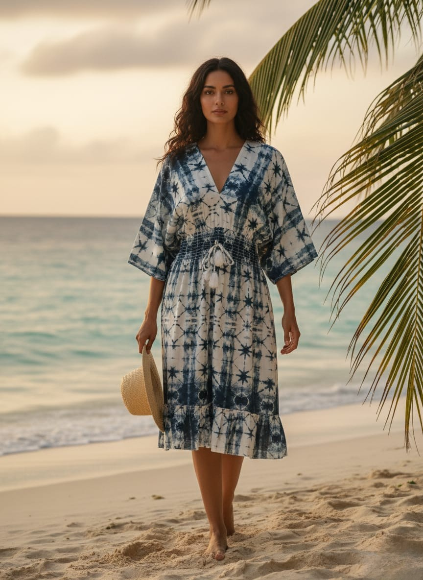 Blue & White Tie-Dye 100%Rayon Midi Dresses with Smocked Waist | Dresses | Western Wear