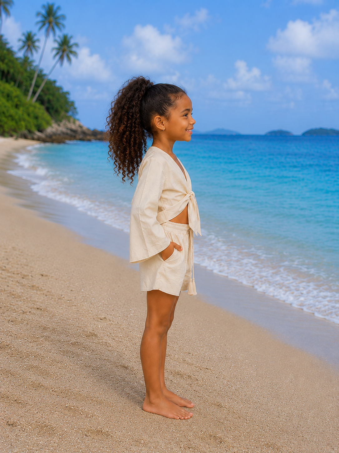 Girls Ivory White Cotton Beach Wear Set with Bell Sleeve Tie-Up Top & Tassel Shorts