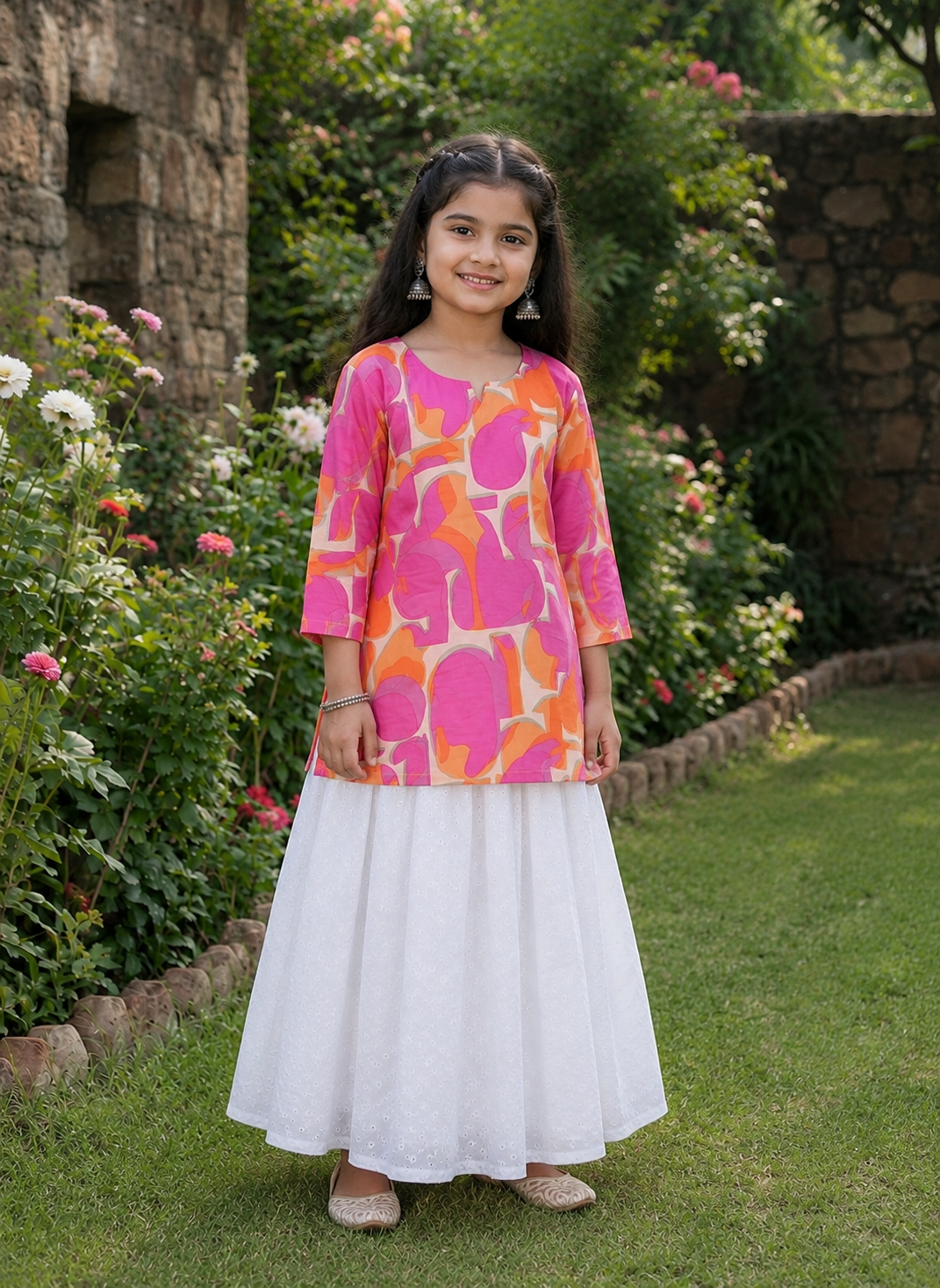 Girl's Pink & Orange Abstract Printed Kurta with White Eyelet Flared Skirt Set
