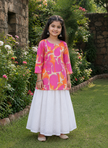 Girl's Pink & Orange Abstract Printed Kurta with White Eyelet Flared Skirt Set