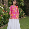 Girl's Pink & Orange Abstract Printed Kurta with White Eyelet Flared Skirt Set