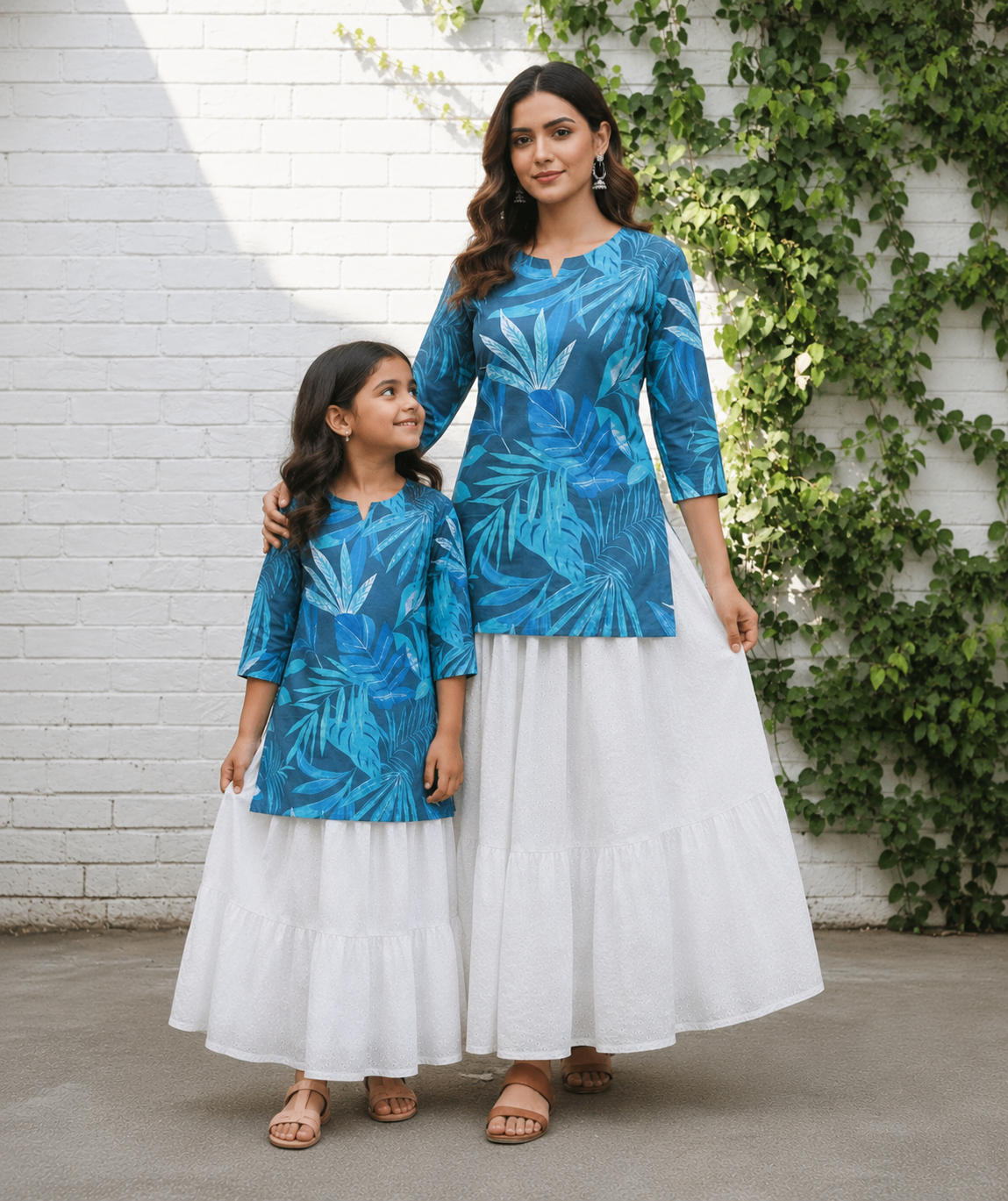 Mom & Daughter Blue Printed Kurta with White Skirt Matching Co-ord Set