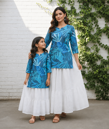 Mom & Daughter Blue Printed Kurta with White Skirt Matching Co-ord Set