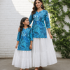 Mom & Daughter Blue Printed Kurta with White Skirt Matching Co-ord Set