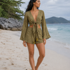 Women’s Olive Green Abstract Printed Cotton Beach Wear Set with Bell Sleeve Tie-Up Top & Tassel Shorts