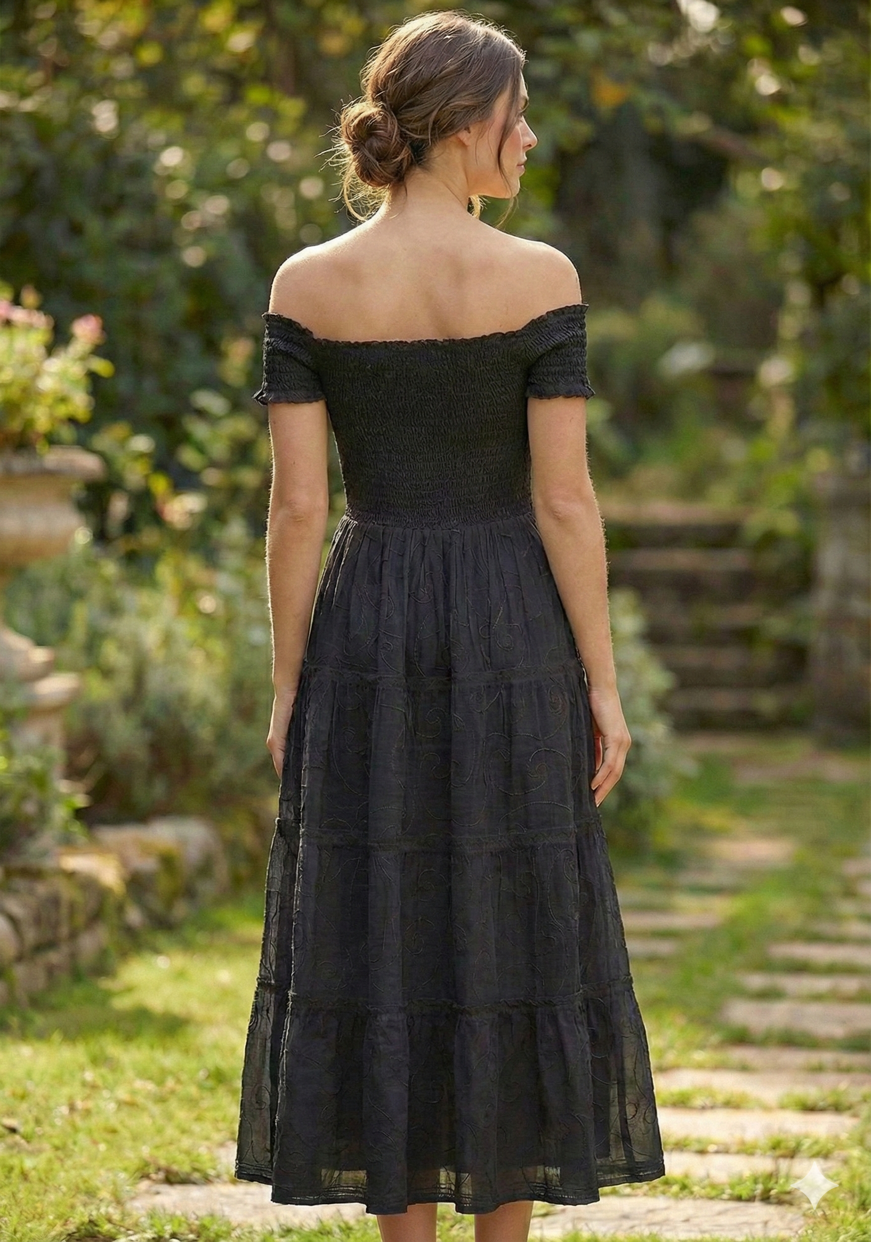 Women’s Cotton Black Off-Shoulder Tiered Maxi Dress