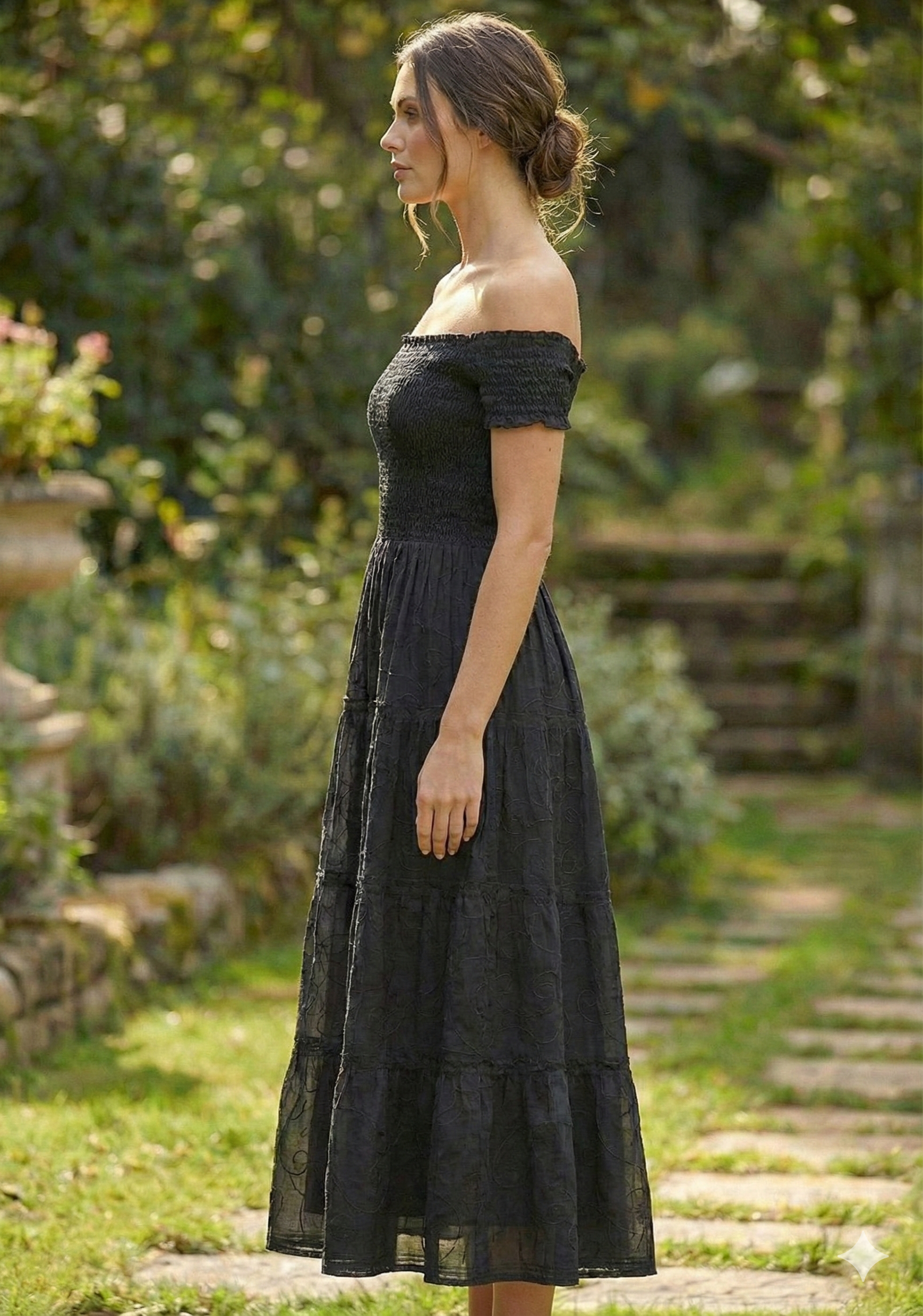 Women’s Cotton Black Off-Shoulder Tiered Maxi Dress