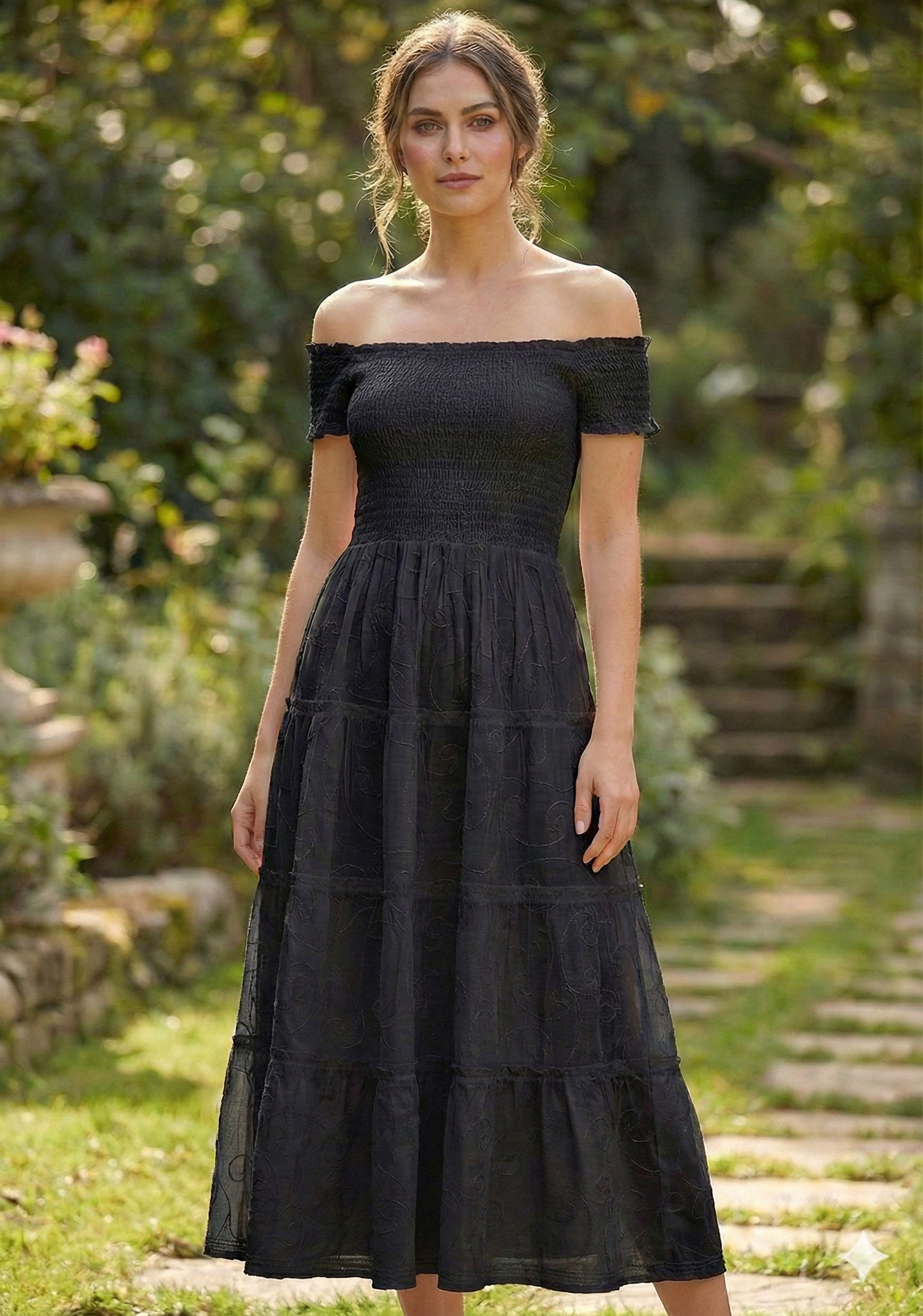 Women’s Cotton Black Off-Shoulder Tiered Maxi Dress