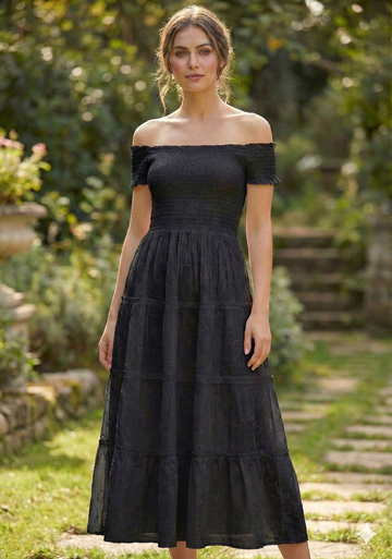 Women’s Cotton Black Off-Shoulder Tiered Maxi Dress