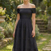 Black Smocked Cotton Off-Shoulder Midi Dress