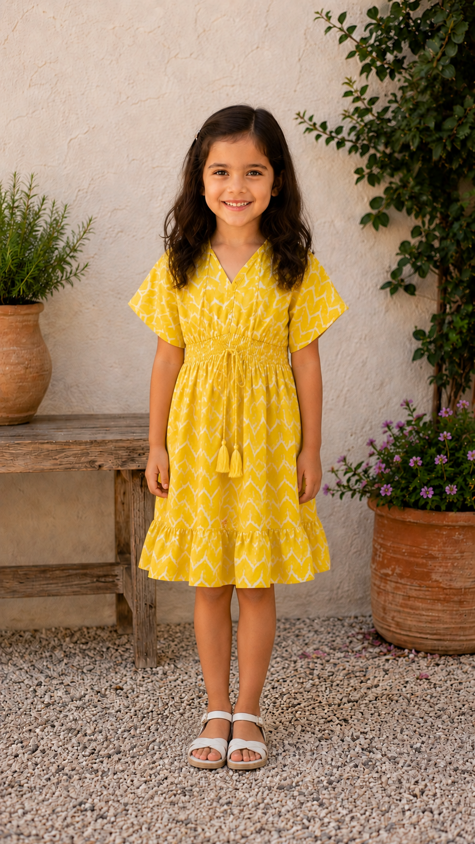 Baby Girls Cotton Yellow Chevron Printed Smocked Waist A-Line Dress