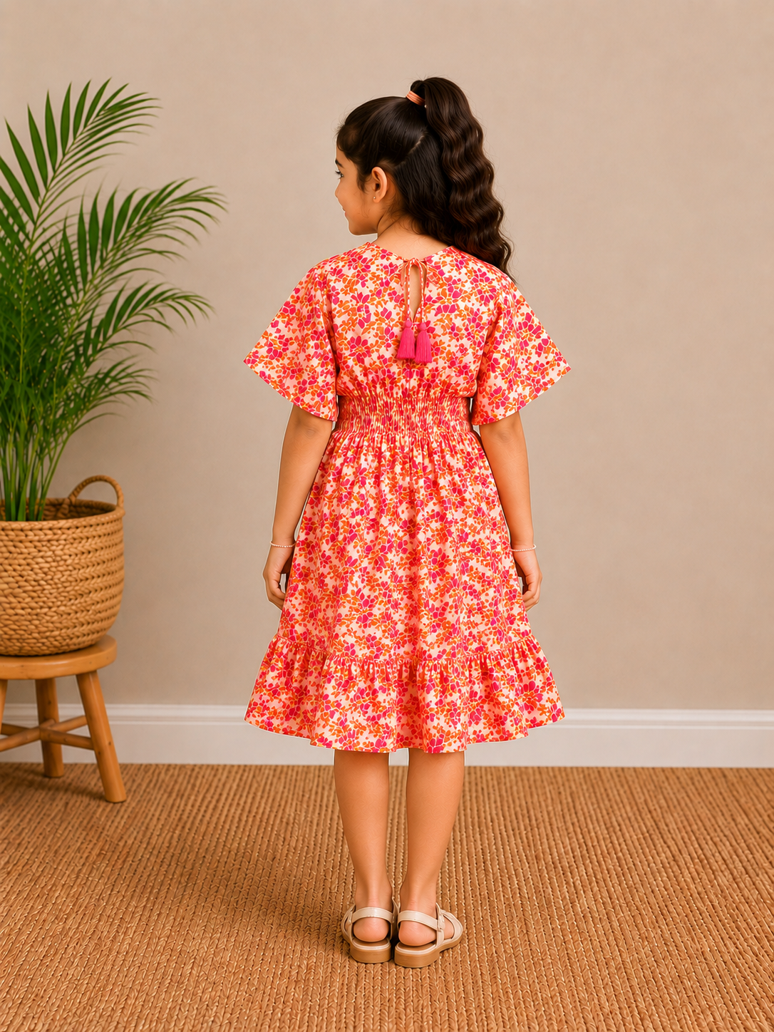 Baby Girls Cotton Pink Floral Printed Smocked Waist A-Line Dress