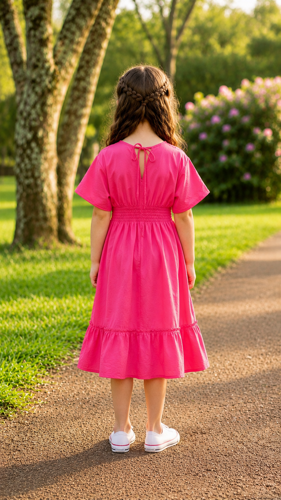 Baby Girls Pink Solid Cotton Smocked Waist Flared Midi Dress