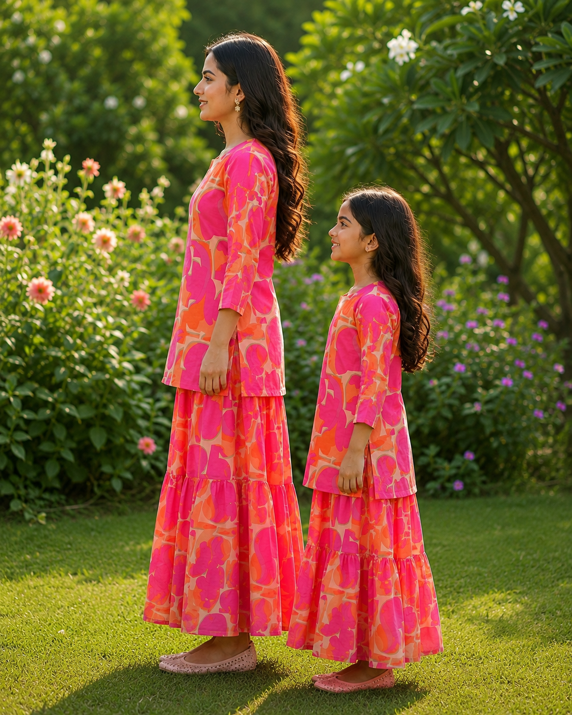 Mom & Daughter Pink & Orange Abstract Printed Kurta & Tiered Skirt Matching Co-ord Set