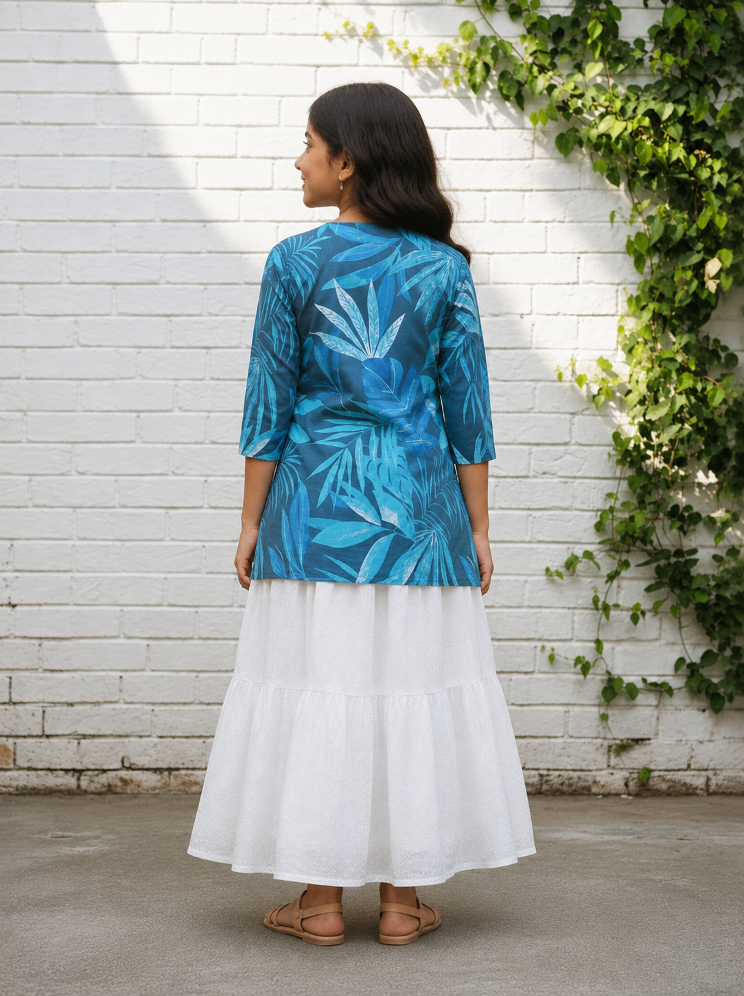 Girl's Blue Tropical Leaf Printed Top with White Eyelet Flared Skirt Set